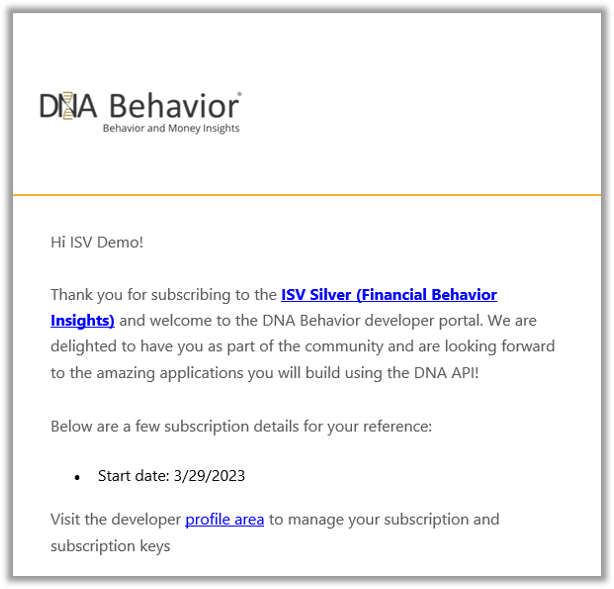 DNA API ISV Subscription Confirmation
